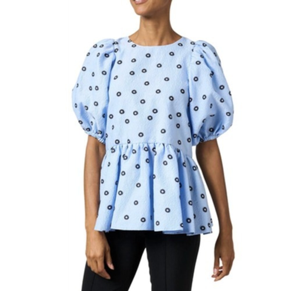 Stine Goya Top Womens XXS Blue Liw Mini Daisy Jacquard Puff Sleeve‎ Peplum